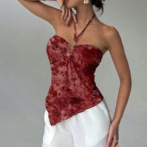 Burgundy Casual Women's Backless Asymmetric Ruched Paisley Camisole